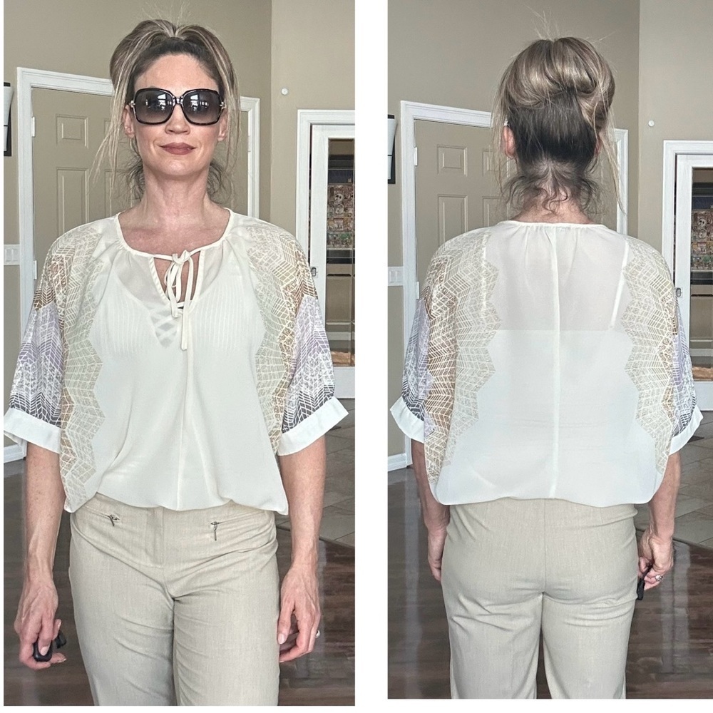 Madison Paige cream web sleeve bat wing front tie blouse semi sheer Sz L